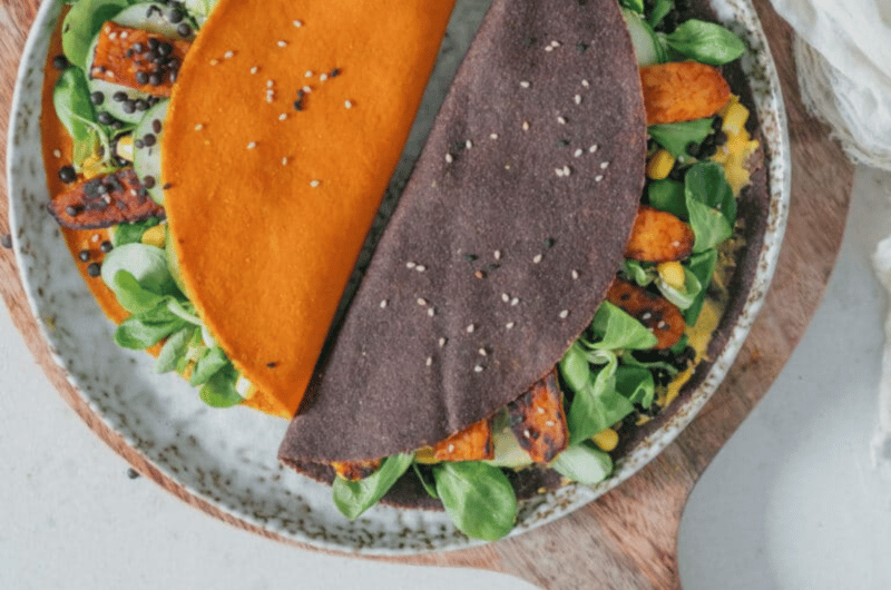 Vegane Kürbis Hummus Wraps mit Tempeh